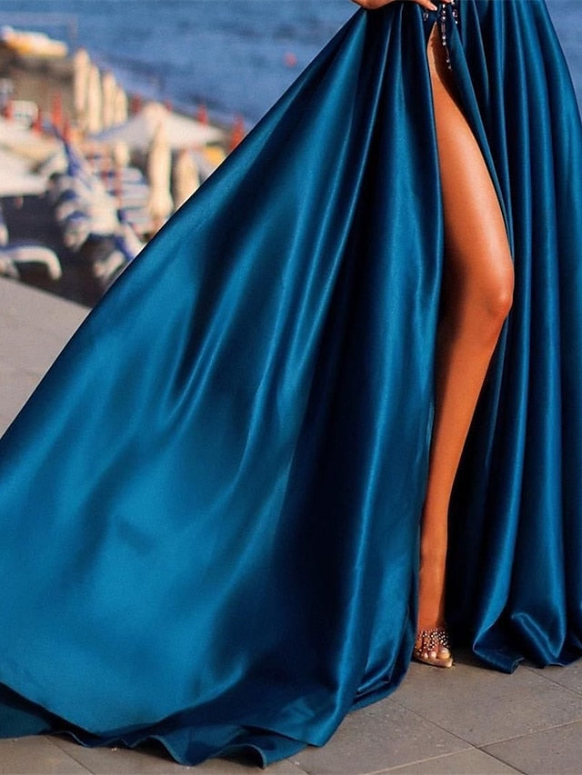 A-Line/Princess One-Shoulder Evening Dresses Satin Prom Party Dress With Beading & Split Side