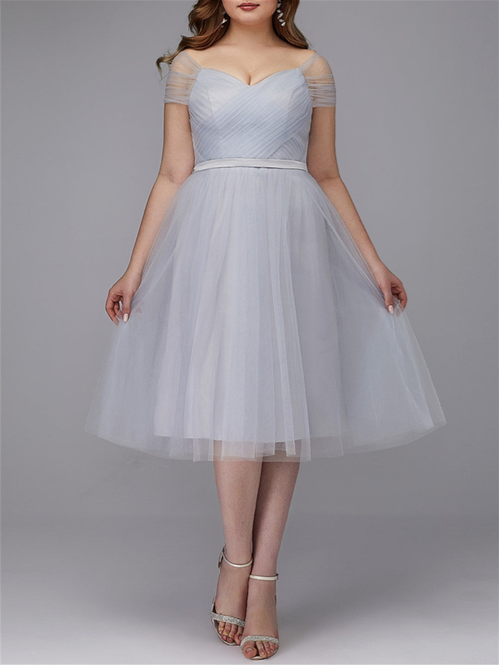 A-Line/Princess Off-the-Shoulder Formal Cocktail Dresses Short Sleeves Tulle Tea-Length With Pleated