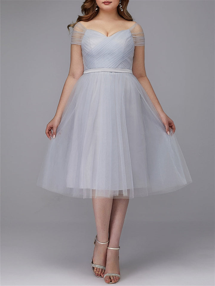 A-Line/Princess Off-the-Shoulder Formal Cocktail Dresses Short Sleeves Tulle Tea-Length With Pleated