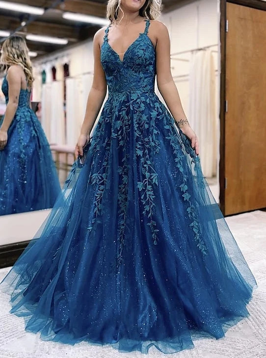 A-Line/Princess Spaghetti Straps Floor-length Long Formal Dresses