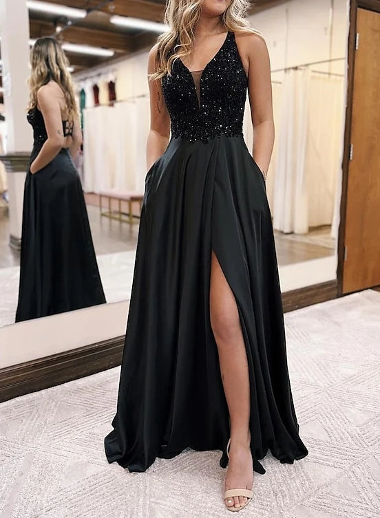 A-Line/Princess V-Neck Evening Dresses Floor-length Prom Party Dress With Split Side