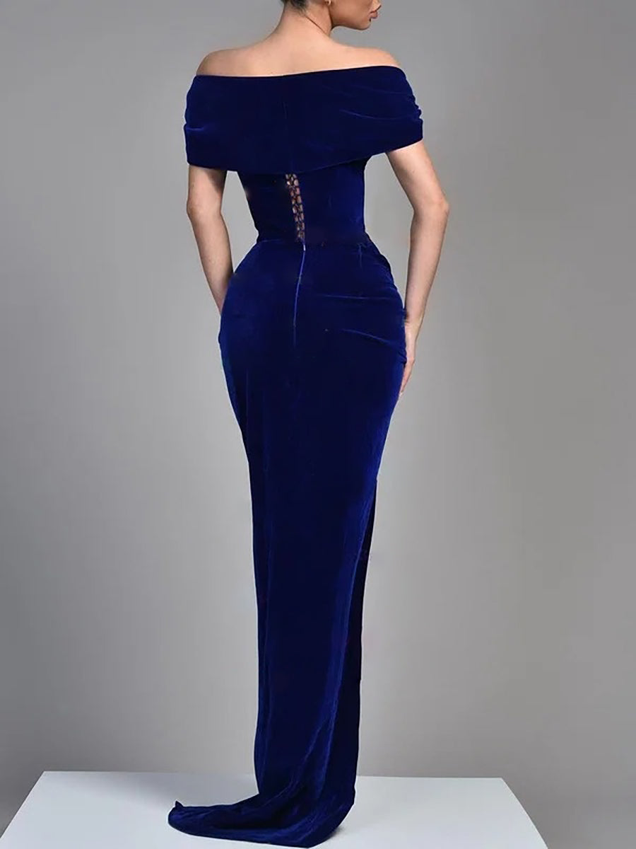 Sheath/Column Off-the-Shoulder Velvet Evening Dresses Floor-length Party Dresses With Split Side