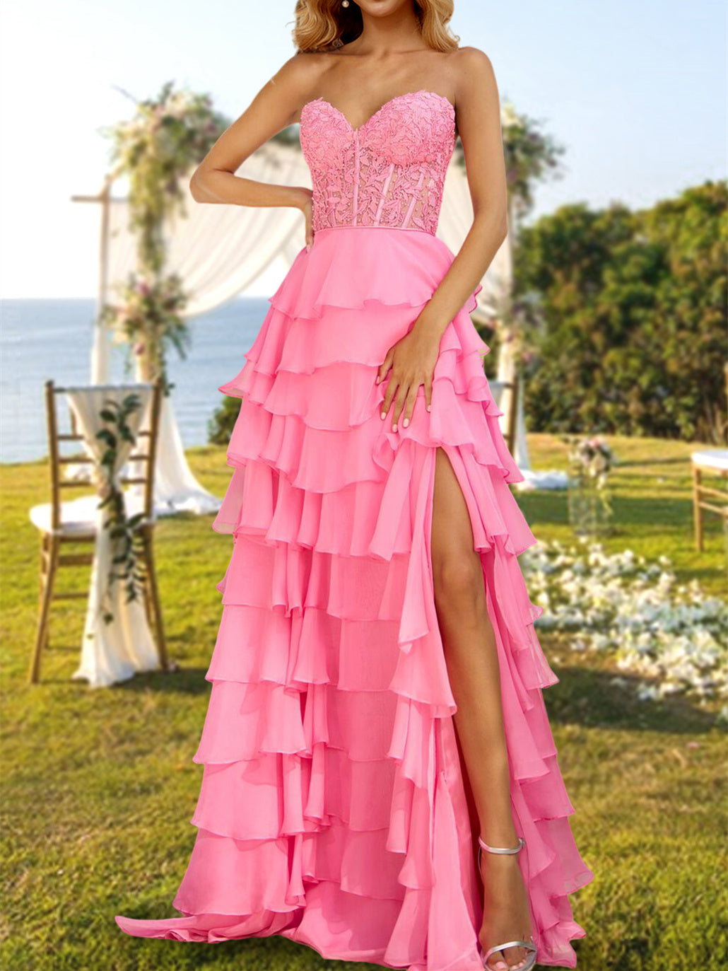 A-Line/Princess Strapless Long Formal Dresses with Sequins Evening Party Dresses & Split Side