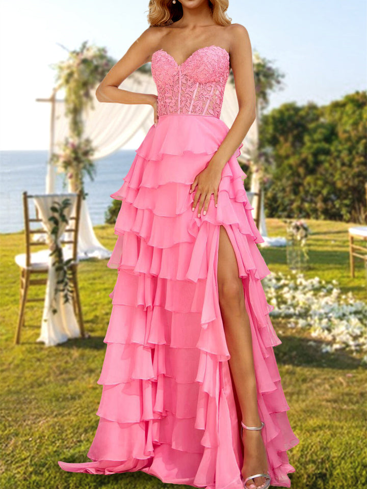 A-Line/Princess Strapless Long Formal Dresses with Sequins Evening Party Dresses & Split Side