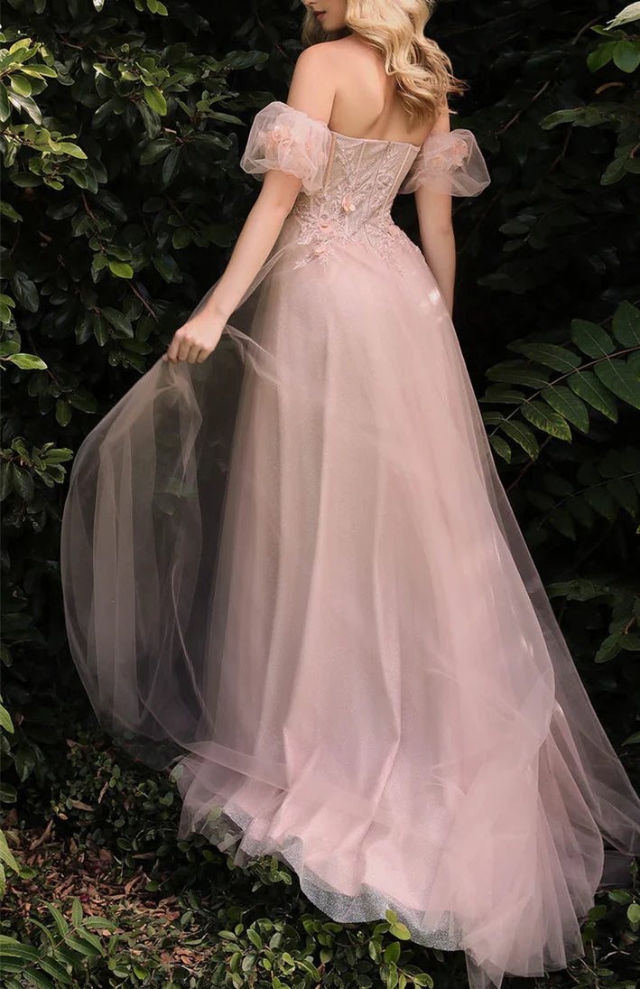 A-Line/Princess Sweetheart Short Sleeves Floor-length Long Floral Formal Dresses With Split Side