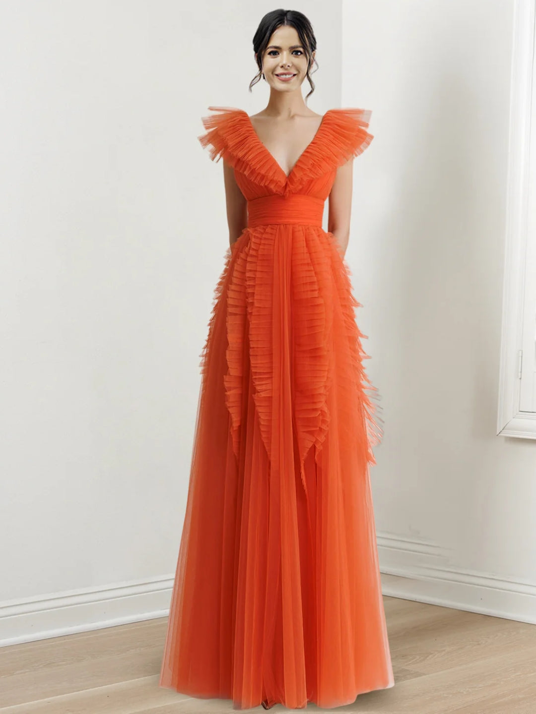 A-Line/Princess V-Neck Sleeveless Floor-length Long Formal Dresses Whit Ruffled