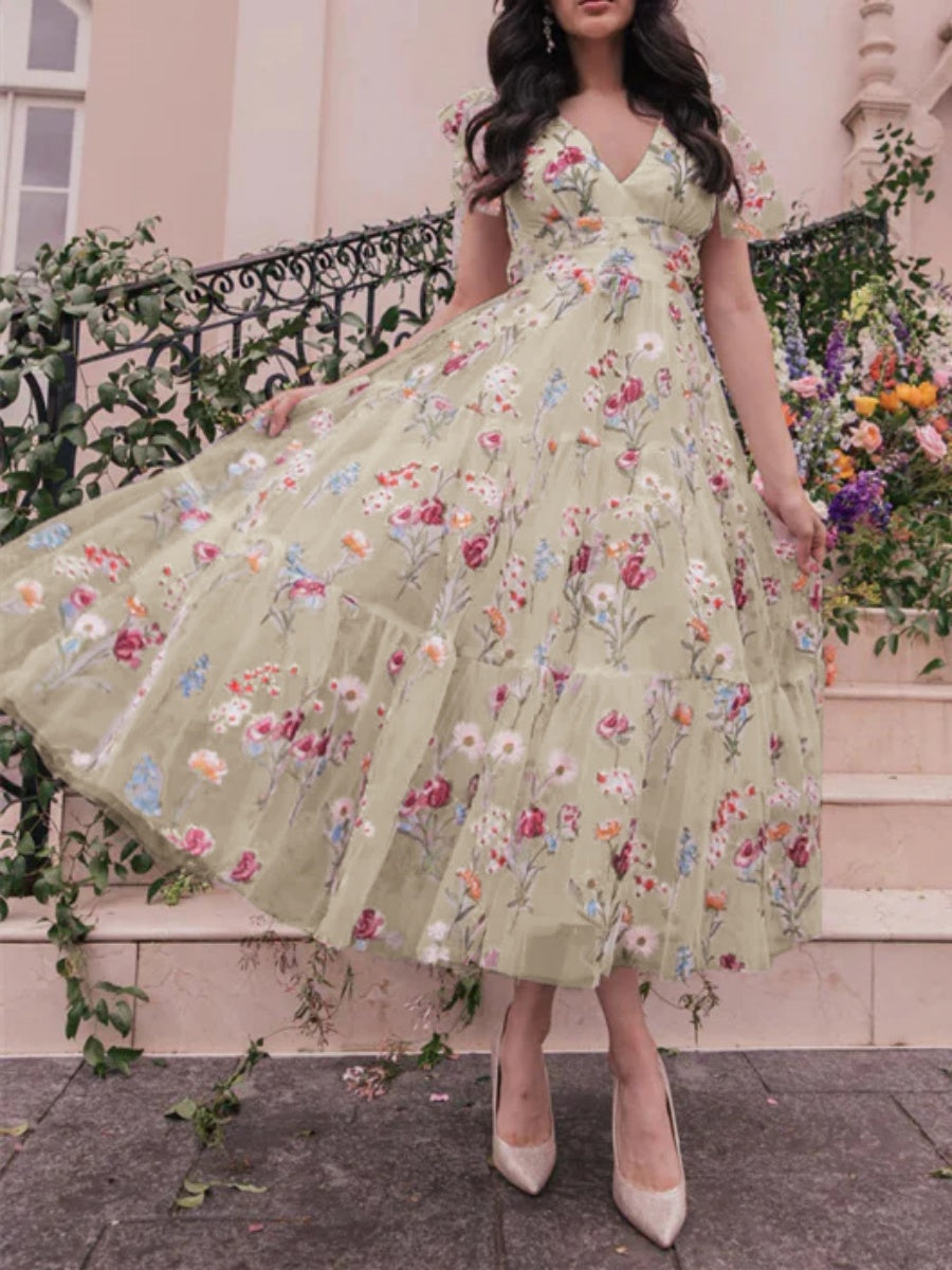 A-Line/Princess V-Neck Short Sleeves Floral Formal Party Dresses With Flowers