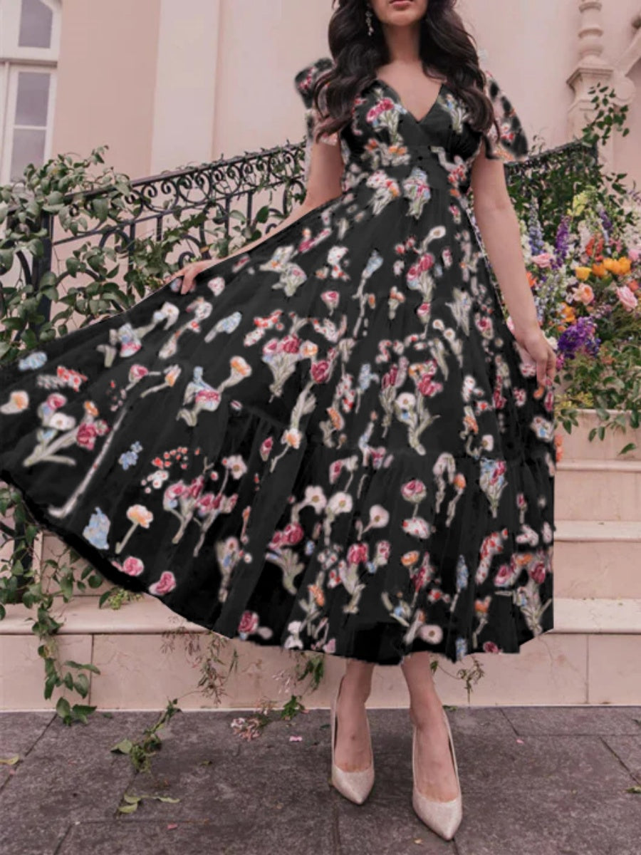 A-Line/Princess V-Neck Short Sleeves Floral Formal Party Dresses With Flowers