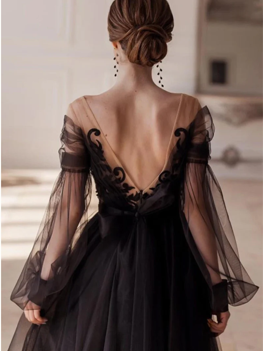 A-Line/Princess Cocktail Dress V-Neck Tulle Lace Formal Black Dress Long Sleeves Ankle-Length Party Dresses With Pleats
