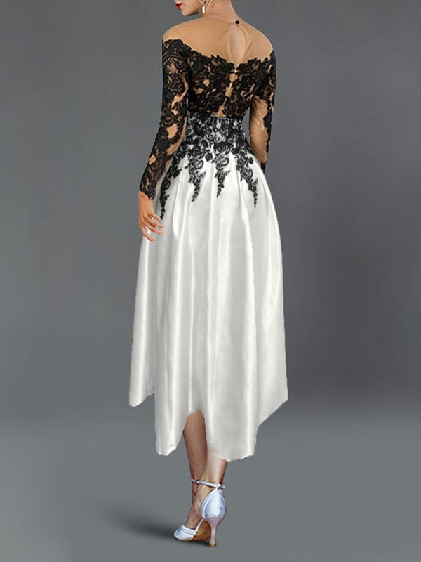 A-Line/Princess Illusion Neck Cocktail Dresses Long Sleeves Tea-Length  Satin Lace with Pleated
