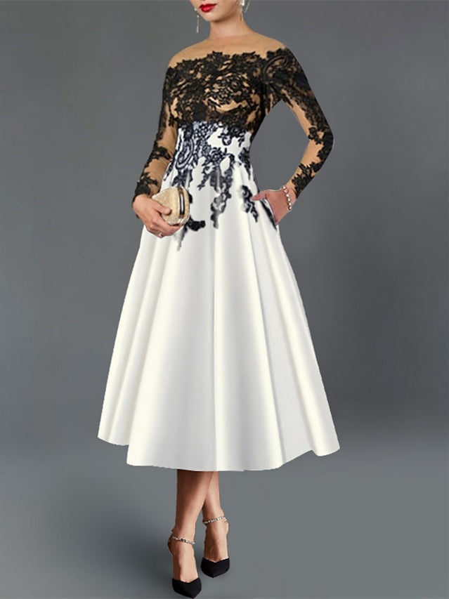 A-Line/Princess Illusion Neck Cocktail Dresses Long Sleeves Tea-Length  Satin Lace with Pleated