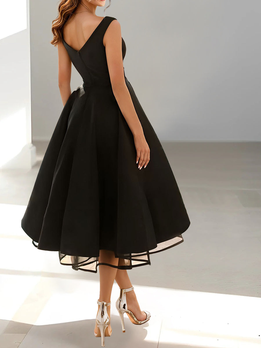 A-Line/Princess Cocktail Dresses V-neck Tea-Length Wedding Guest Sleeveless With Pleated
