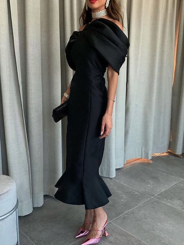 Off-the-Shoulder Formal Cocktail Dresses Mermaid/Trumpet Sleeves Party Dress Satin Ankle-Length With Ruffles