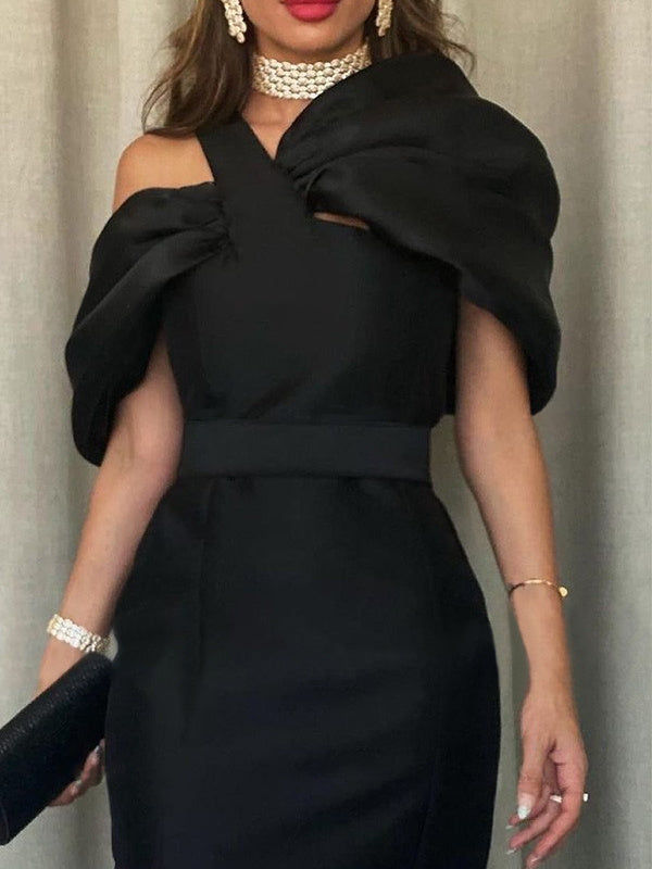 Off-the-Shoulder Formal Cocktail Dresses Mermaid/Trumpet Sleeves Party Dress Satin Ankle-Length With Ruffles