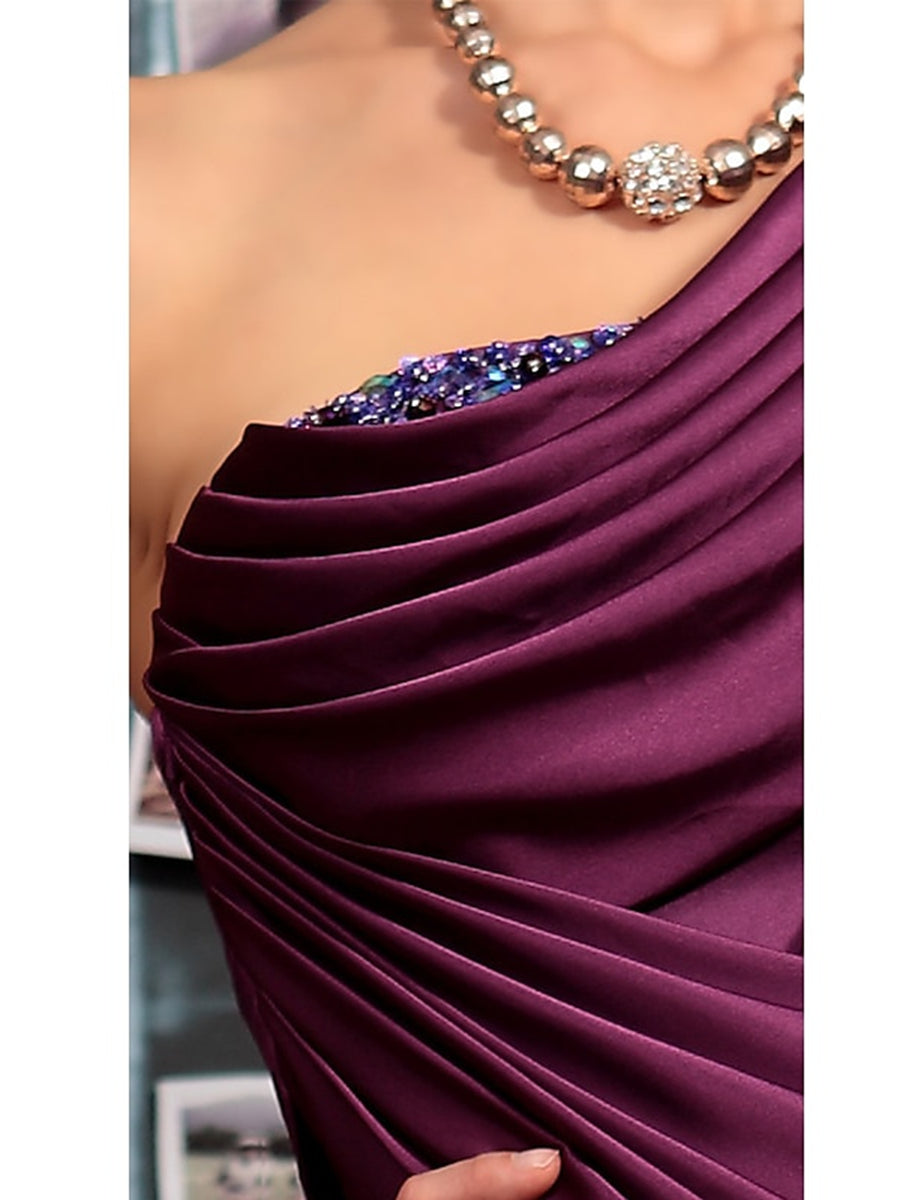 Sheath One Shoulder Sleeveless Floor Length Mother of the Bride Dresses with Pleats Crystals  Draping