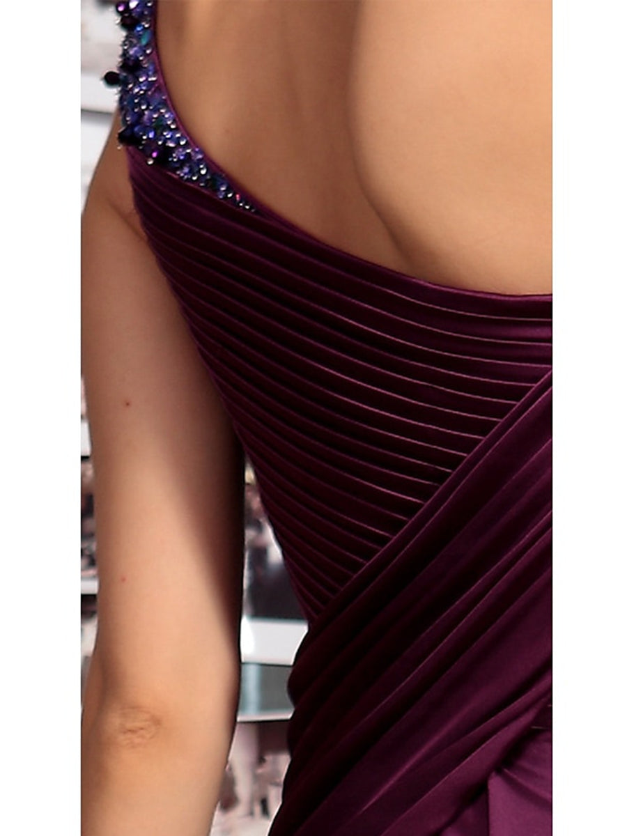 Sheath One Shoulder Sleeveless Floor Length Mother of the Bride Dresses with Pleats Crystals  Draping