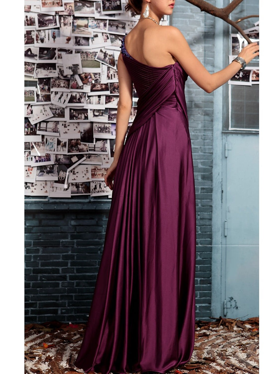 Sheath One Shoulder Sleeveless Floor Length Mother of the Bride Dresses with Pleats Crystals  Draping