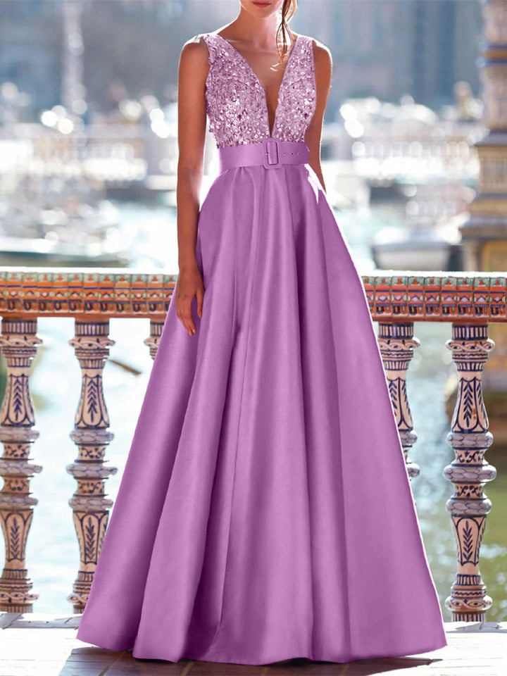 A-Line Floor Length Sleeveless V Neck Prom Dress Pocket Satin with Pearls