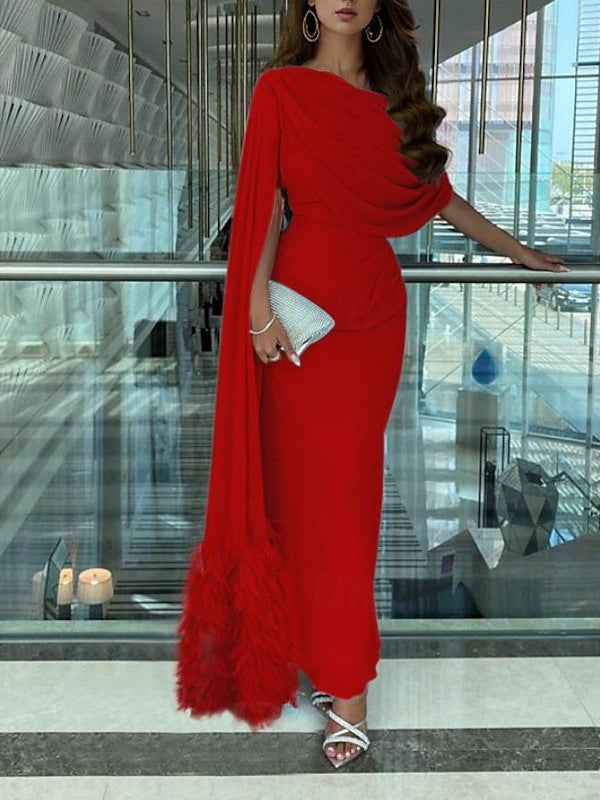 Sheath/Column Sweep/Brush Train Sleeveless Cowl Neck Evening Dresses Chiffon with Feather Ruched Slit