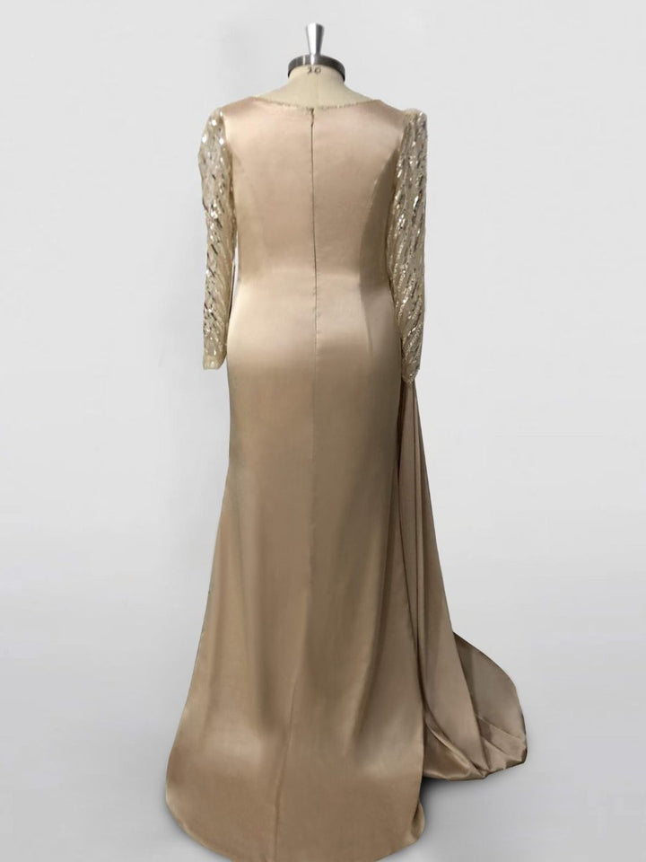 Mermaid/Trumpet Jewel Neck Evening Dresses Sweep/Brush Train Long Sleeve Prom Party Dress Satin with Ruched Slit