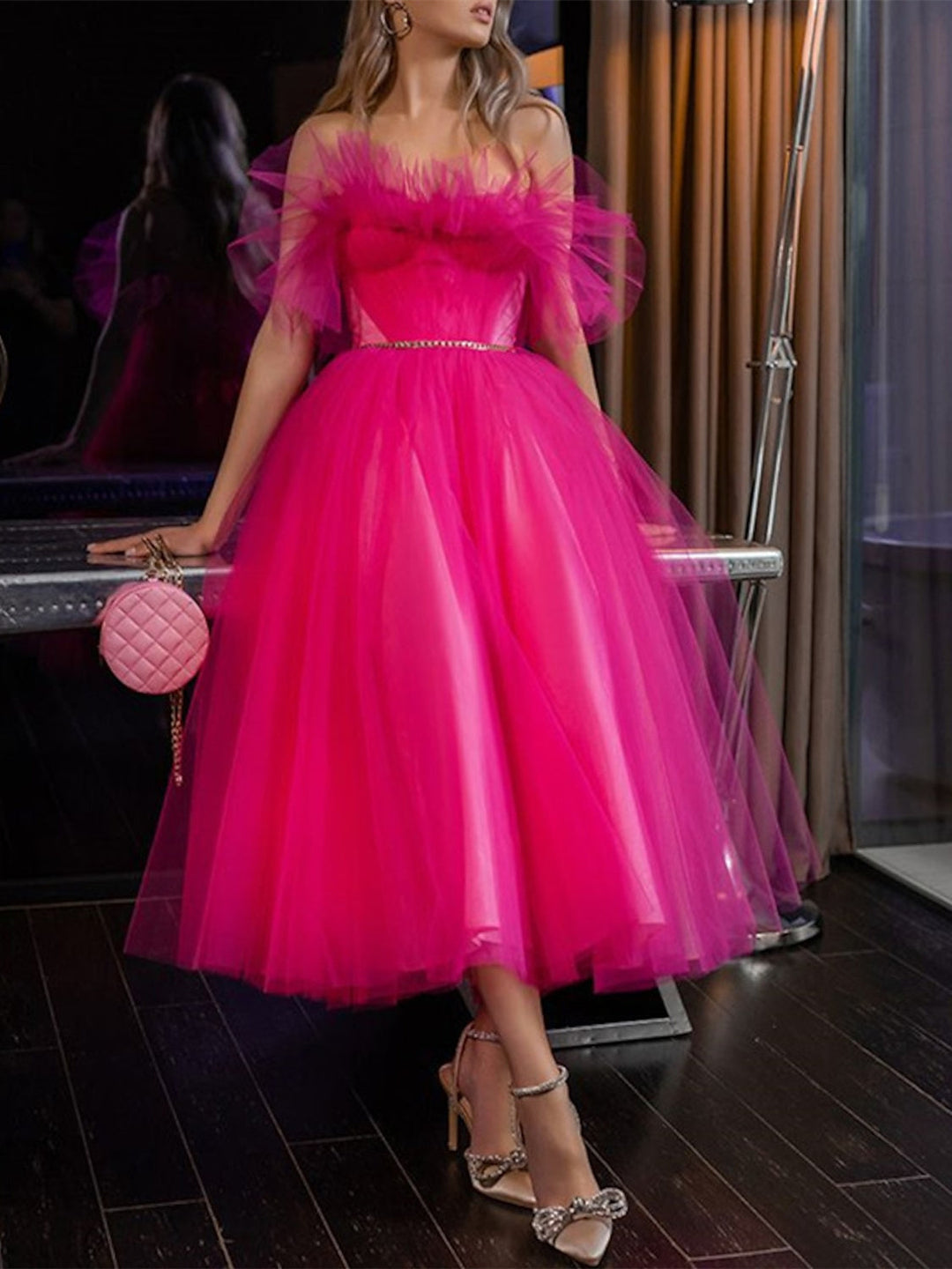 A-Line Formal Cocktail Dresses Tea Length Sleeveless Strapless Tulle Party Dress Organza with Pleats