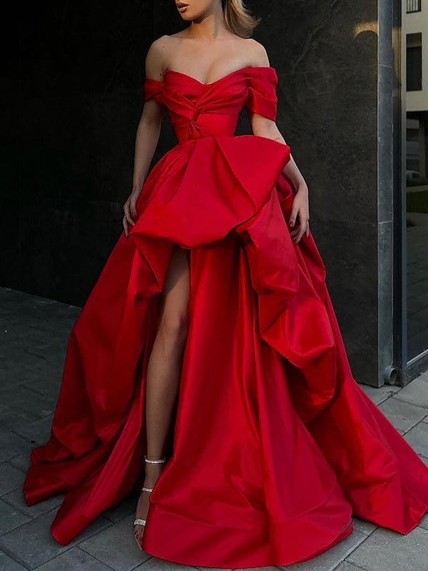 A-Line Sweep/Brush Train Evening Dresses Off Shoulder Sleeveless Prom Satin with Slit