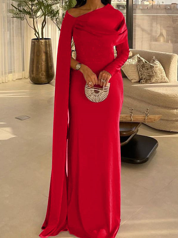 Sheath/Column Floor Length Evening Dresses Long Sleeves Silk Like Satin With Ruched