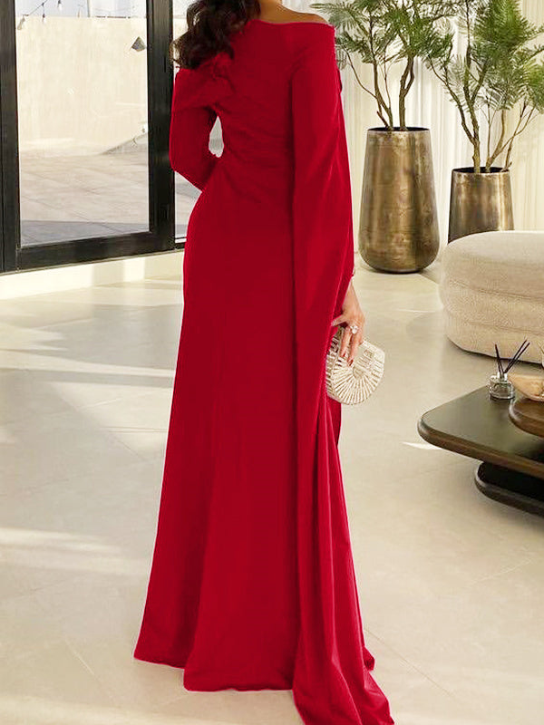 Sheath/Column Floor Length Evening Dresses Long Sleeves Silk Like Satin With Ruched