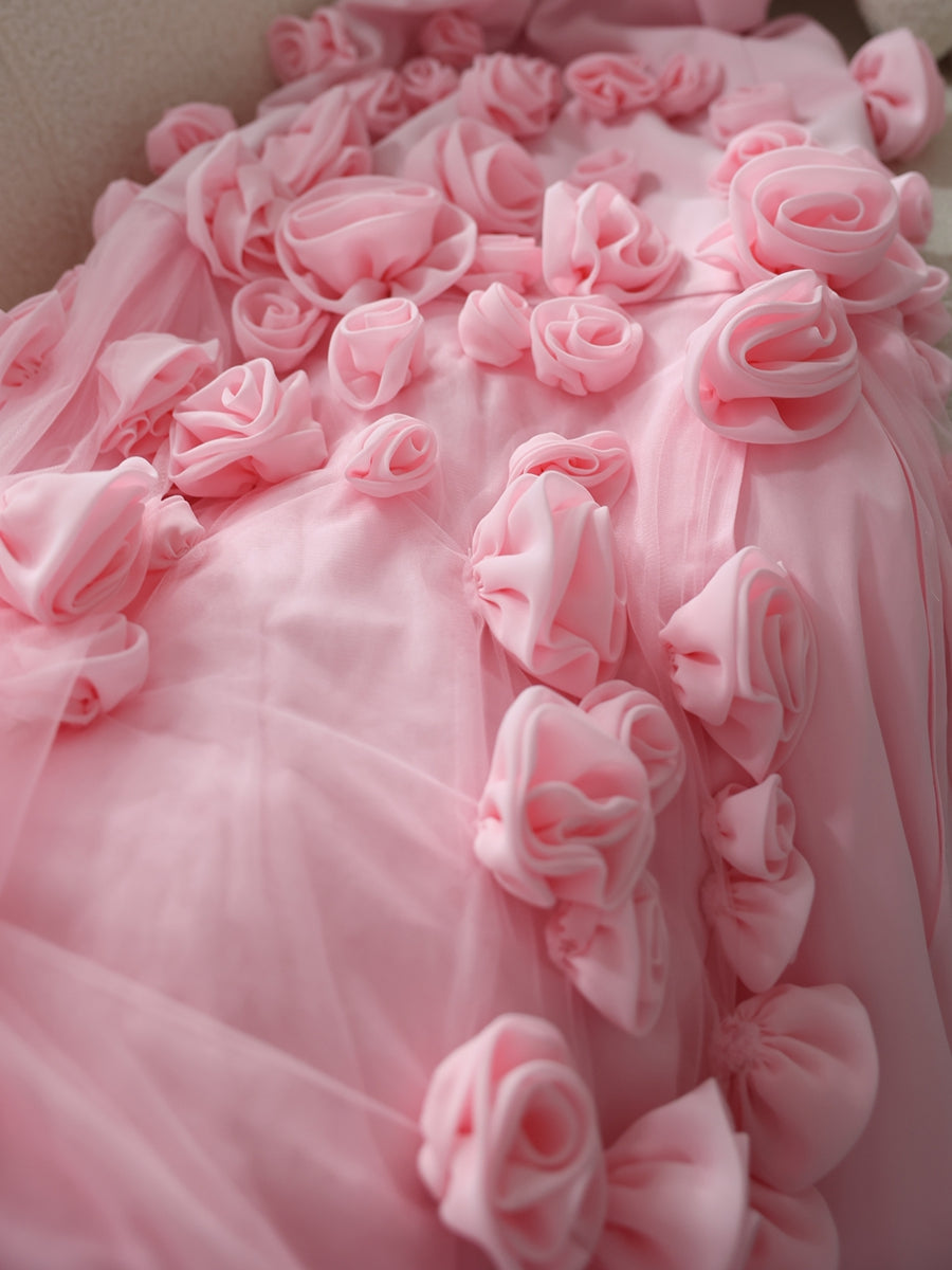 Trumpet/Mermaid Strapless Sleeveless Tulle Formal Dresses with High Split & 3D Flower