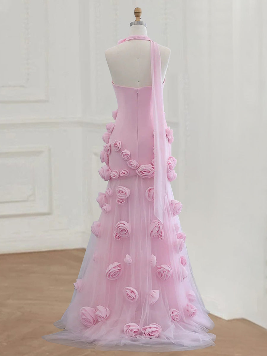 Trumpet/Mermaid Strapless Sleeveless Tulle Formal Dresses with High Split & 3D Flower