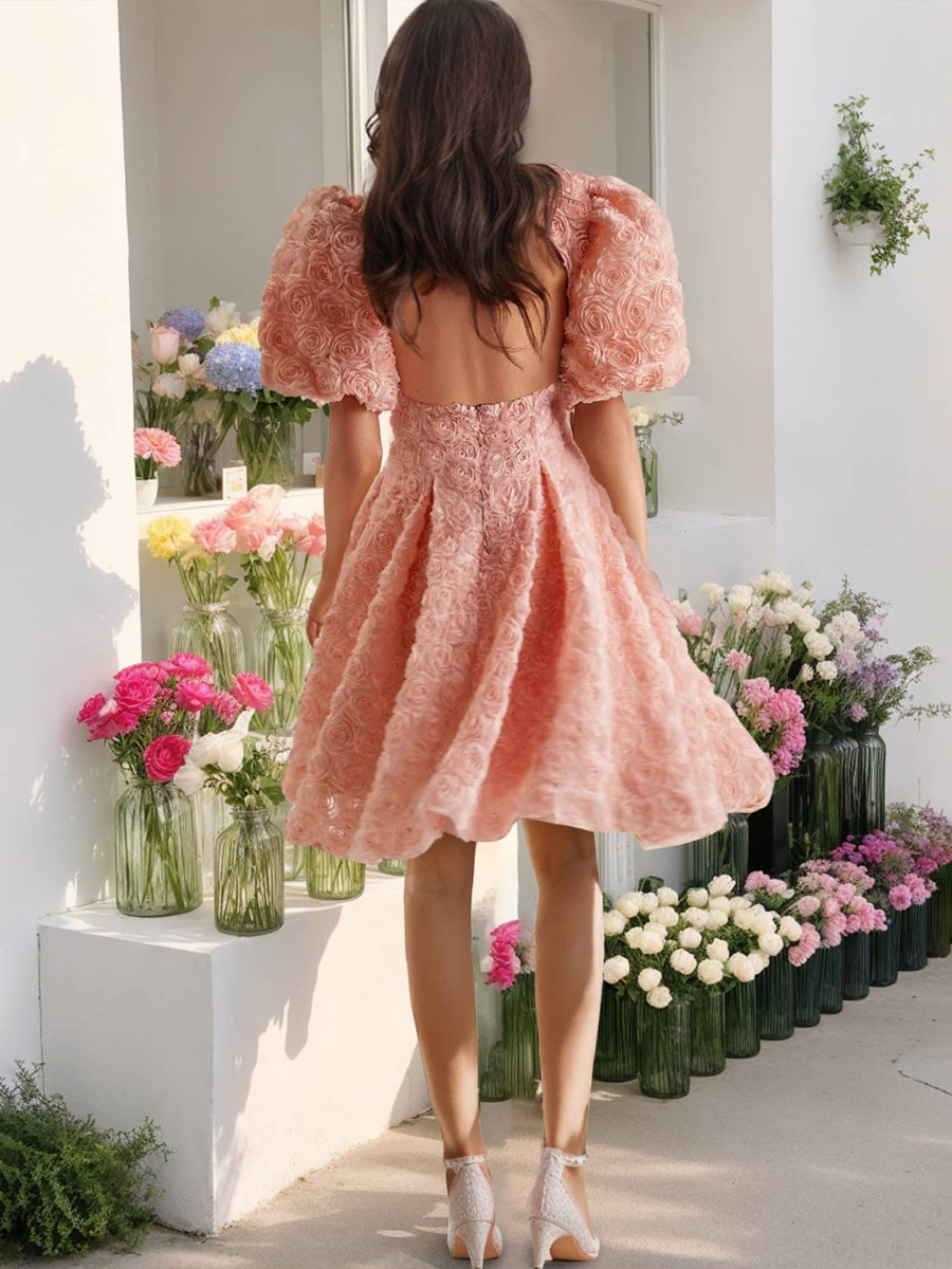 A-Line/Princess Deep V-Neck Floral Short/Mini Formal Dresses with Opened Back