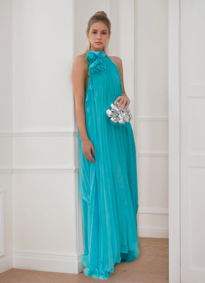 A-Line/Princess Halter Neck Sleeveless Chiffon Formal Dresses with Flower & Ruffles