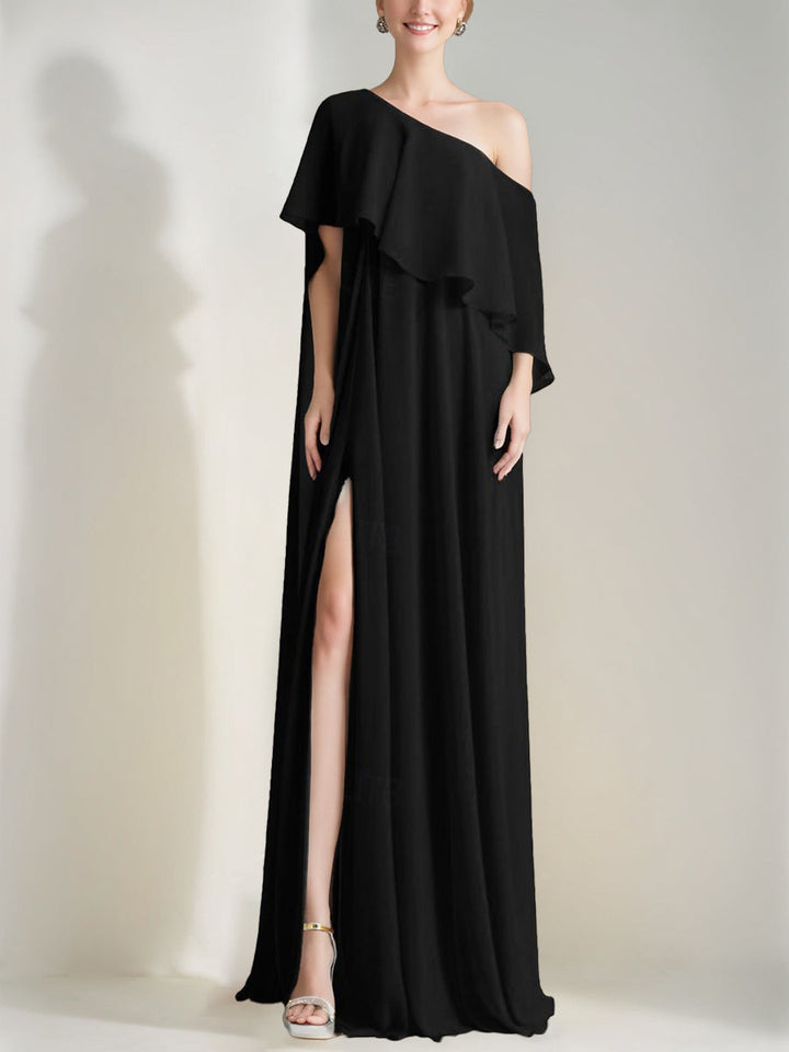 A-Line/Princess One-Shoulder Evening Dresses Sleeveless with Ruffles & High Split