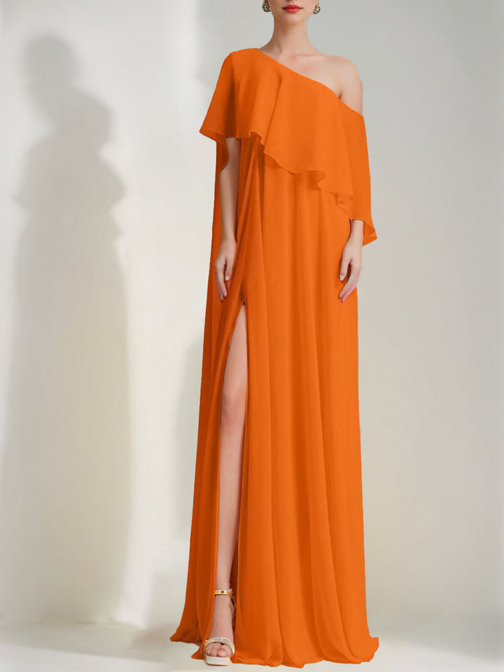 A-Line/Princess One-Shoulder Evening Dresses Sleeveless with Ruffles & High Split