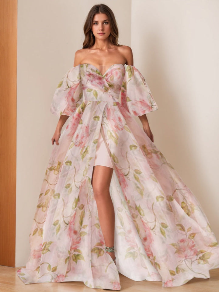 A-Line/Princess Off-the-shoulder Floor-length Printed Floral Formal Dresses with Slit