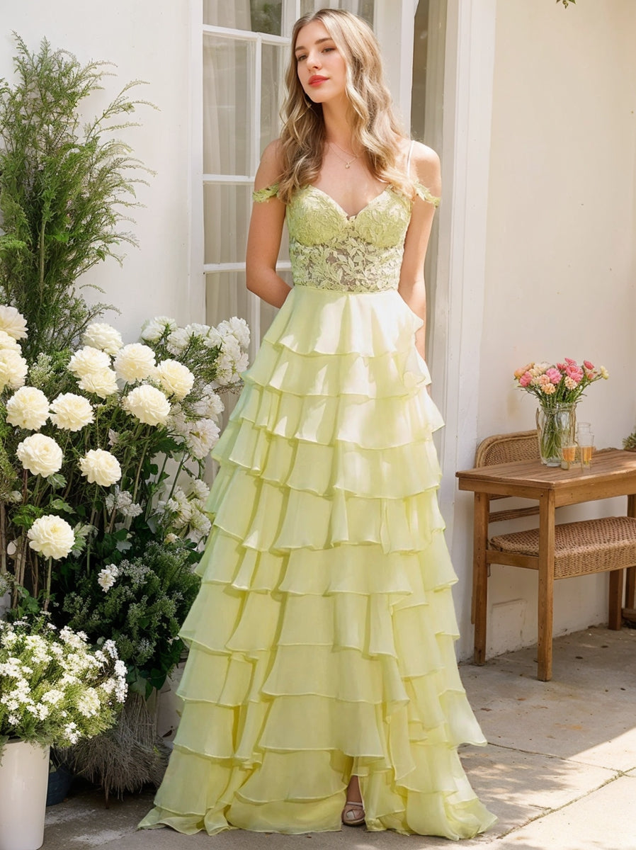 A-Line/Princess Off-the-Shoulder Romantic Formal Dresses with Ruffles & Side Slit & Appliques