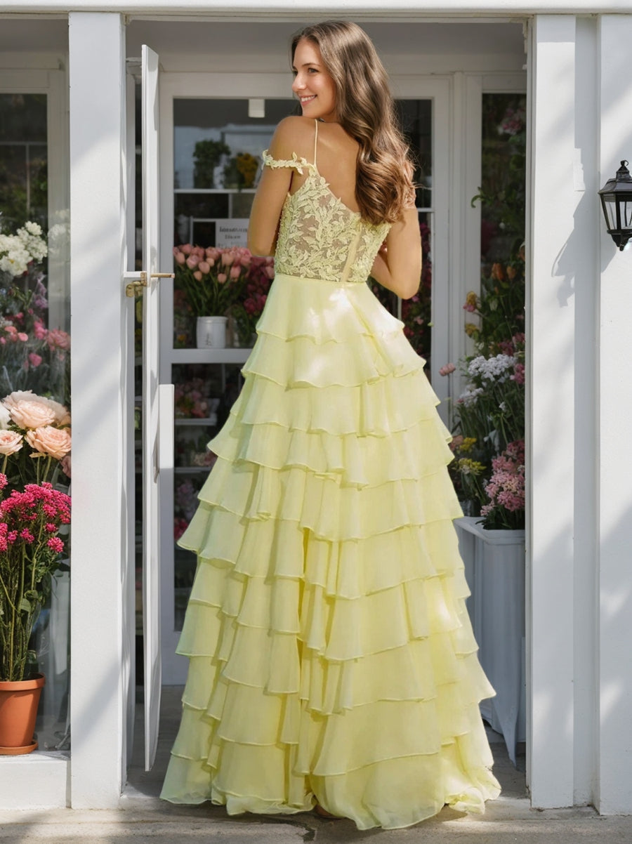 A-Line/Princess Off-the-Shoulder Romantic Formal Dresses with Ruffles & Side Slit & Appliques