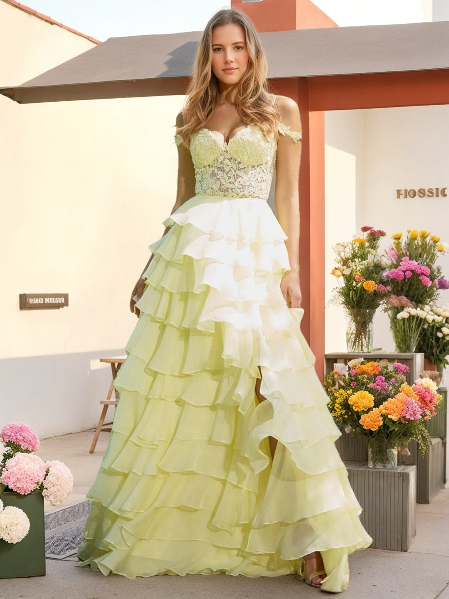 A-Line/Princess Off-the-Shoulder Romantic Formal Dresses with Ruffles & Side Slit & Appliques