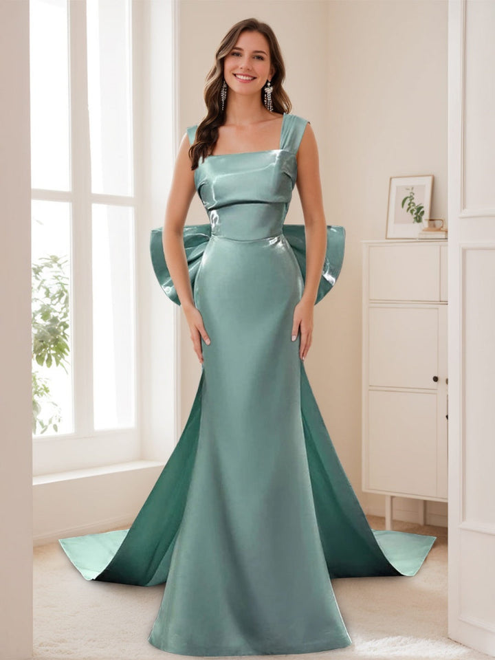 Sheath/Column Square Neckline Floor-Length Formal Dresses with Bowknot & Watteau Train