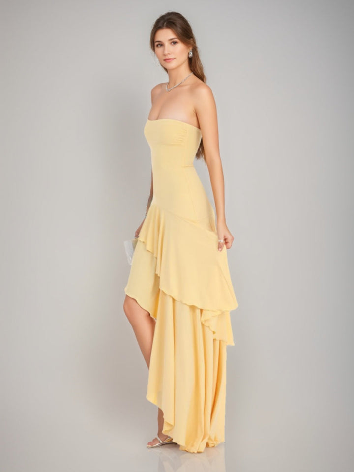 A-Line/Princess Romantic Strapless Asymmetrical Formal Dresses with Ruffles