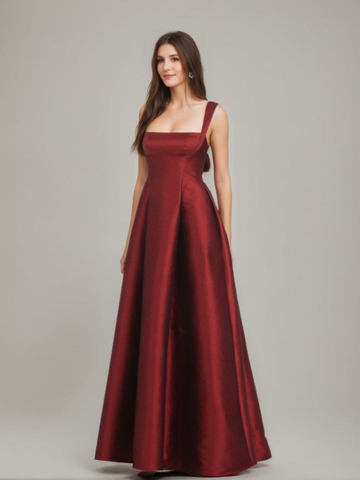 A-Line/Princess Square Neckline Floor-length Formal Dresses with Bowknot