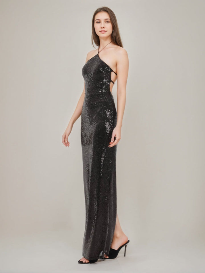 Sheath/Column Halter Backless Sequined Formal Dresses with Self-tie & Slit