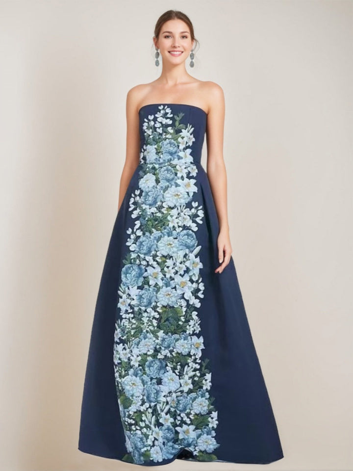 A-line/Princess Elegant Strapless Sleeveless Floor-Length Printed Floral Formal Dresses