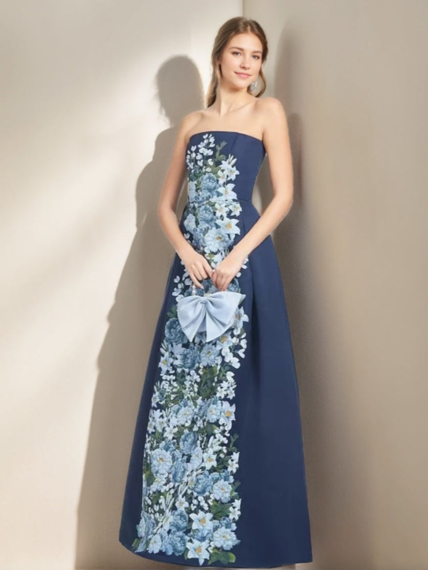 A-line/Princess Elegant Strapless Sleeveless Floor-Length Printed Floral Formal Dresses