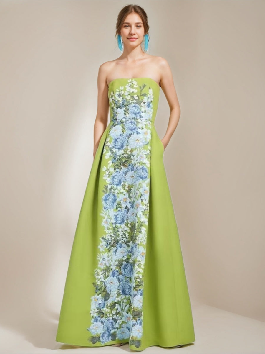 A-line/Princess Elegant Strapless Sleeveless Floor-Length Printed Floral Formal Dresses