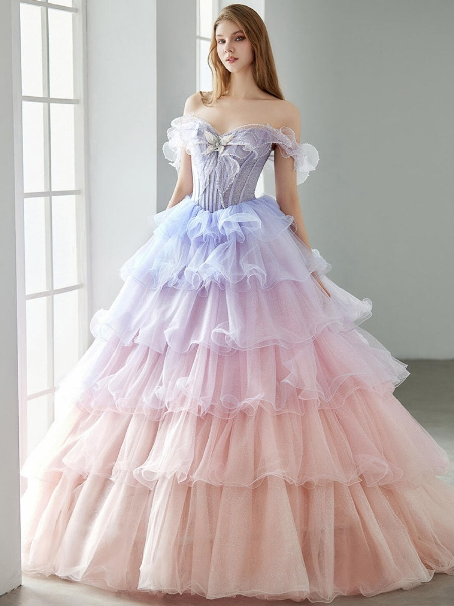 Ball Gown Off-the-shoulder Tiered Floor-Length Formal Dresses with Ruffles & Appliques & Lace-up