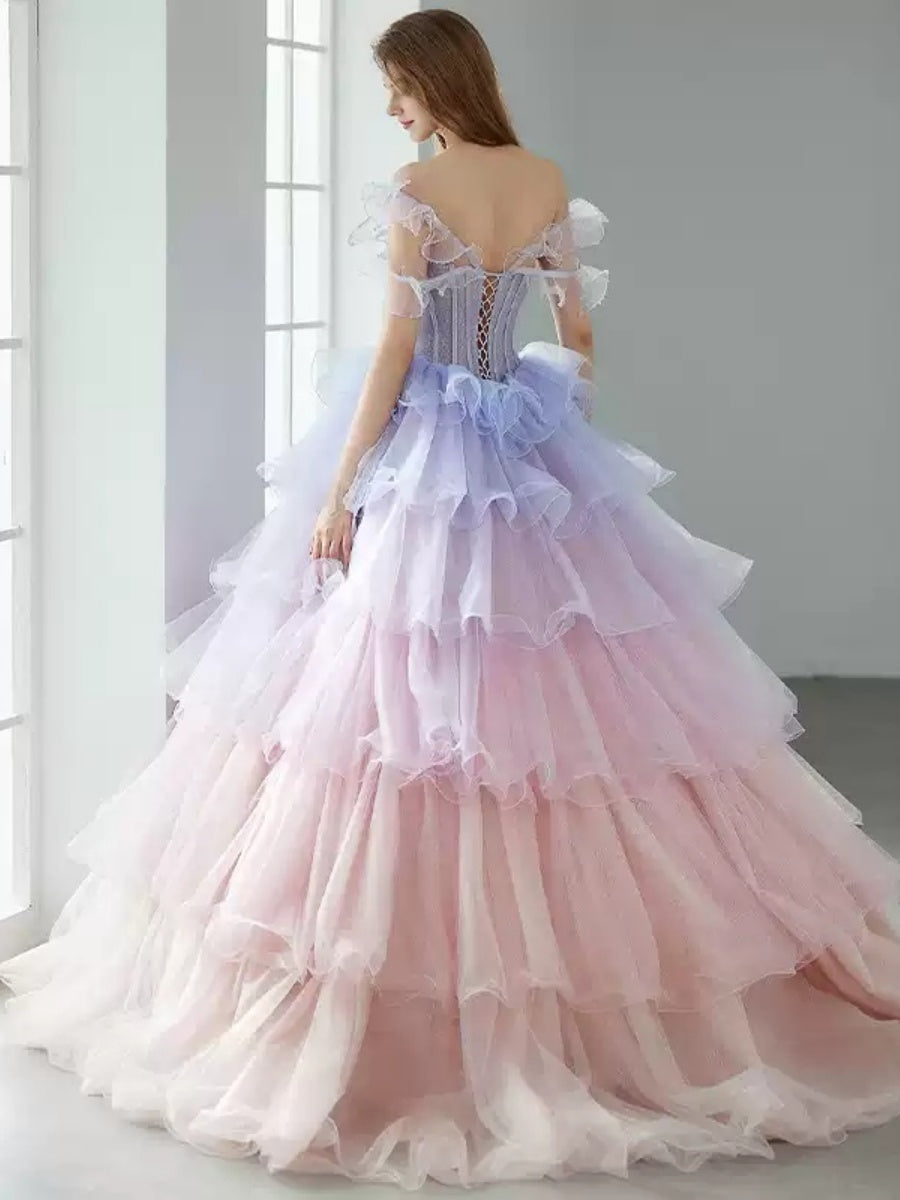 Ball Gown Off-the-shoulder Tiered Floor-Length Formal Dresses with Ruffles & Appliques & Lace-up