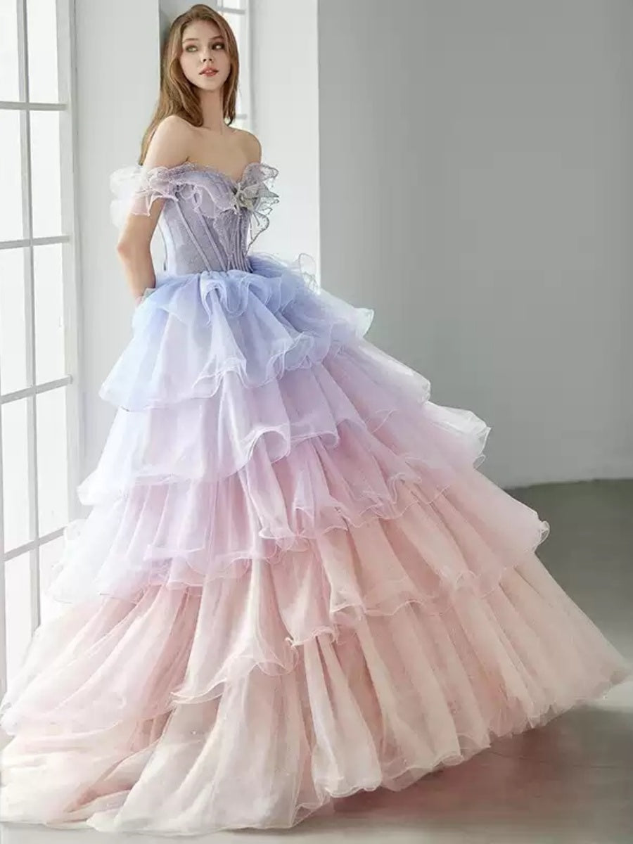 Ball Gown Off-the-shoulder Tiered Floor-Length Formal Dresses with Ruffles & Appliques & Lace-up