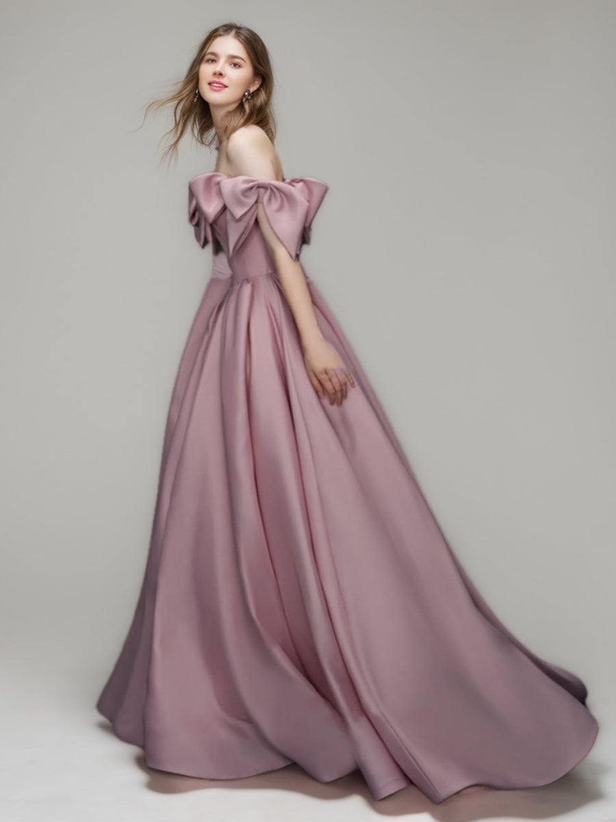 Ball Gown Off-the-shoulder Floor-Length Pleated Formal Dresses with Bows