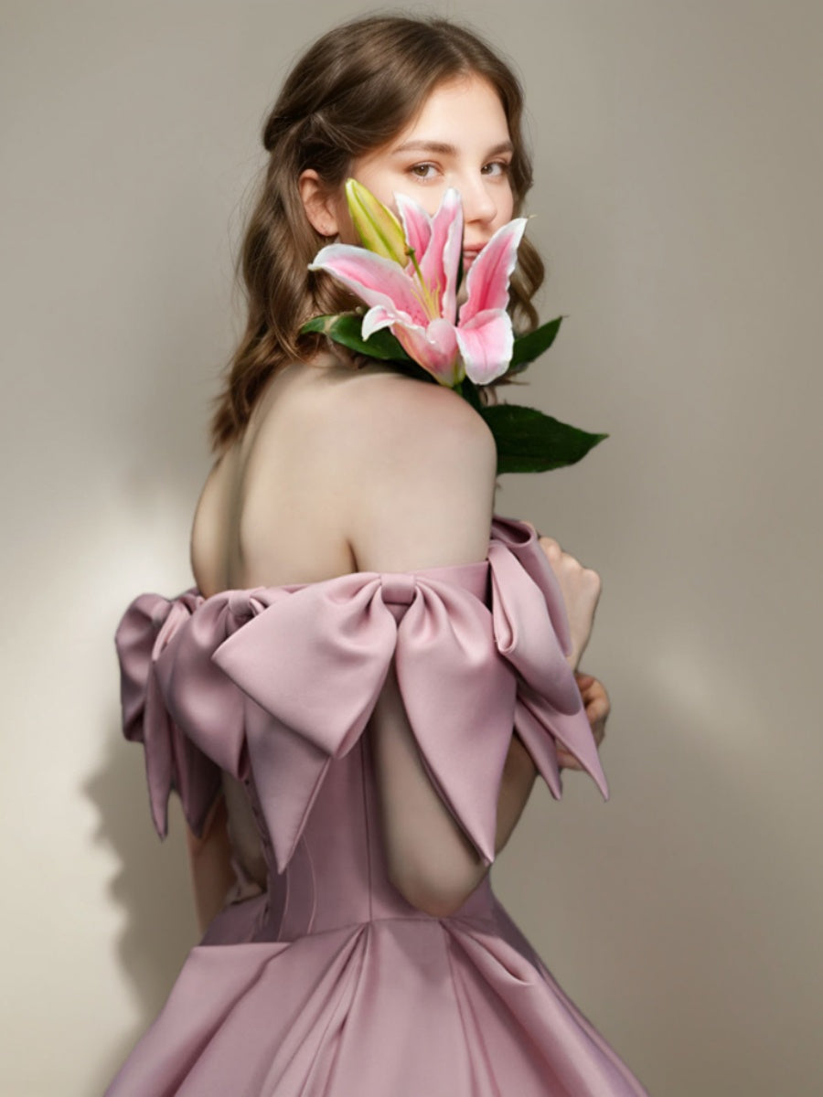 Ball Gown Off-the-shoulder Floor-Length Pleated Formal Dresses with Bows